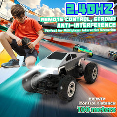 POPOOO RC cyber pickup truck side profile highlights high-traction tires for varied terrains
