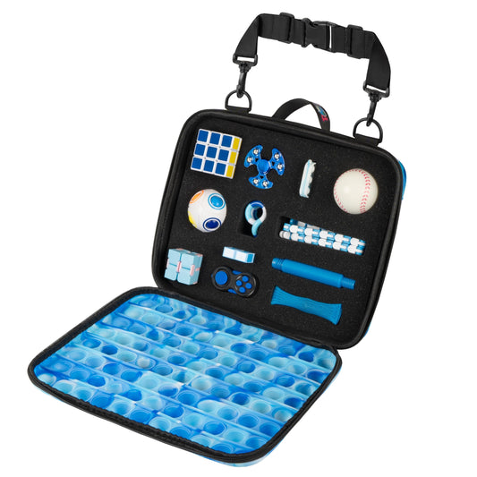 POPRIDER Travel Fidget Case blue open with 12 toys for screen-free on-the-go fun.