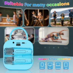 Poptrend karaoke machine blue includes two mics for duet singing.