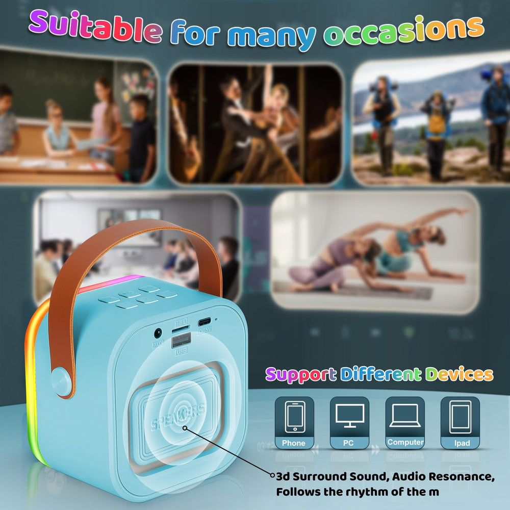 Poptrend blue karaoke machine with long battery life for extended play.
