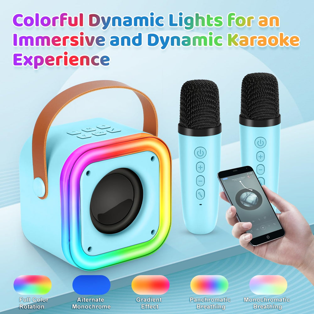 Poptrend blue karaoke machine, Bluetooth setup for quick connection to phones and tablets.