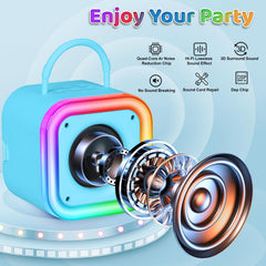 Poptrend karaoke machine blue connected via Bluetooth for wireless music.