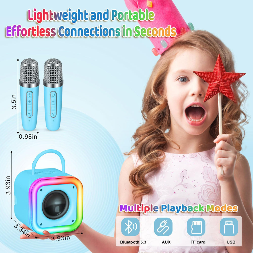 Poptrend mini karaoke machine blue embedded design keeps mic secure.