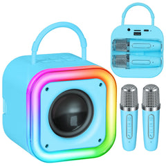 Poptrend mini karaoke machine blue front view with portable design.