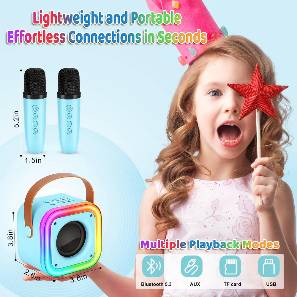 Poptrend blue karaoke machine with LED effects, enhances party ambience and kids performances.