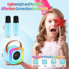 Poptrend blue karaoke machine with LED effects, enhances party ambience and kids performances.