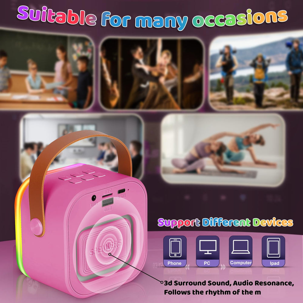 Poptrend compact rose color karaoke speaker for storage and travel.