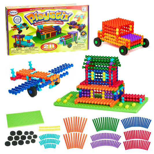 POPULAR PLAYTHINGS Playstix 211-piece set with colorful blocks for imaginative building.