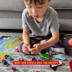 Popular Playthings Magnetic Vehicles pieces close-up shows easy assembly for tiny hands.