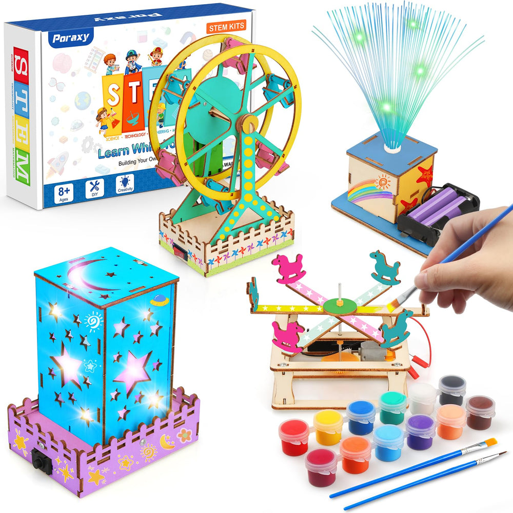 Poraxy 4-in-1 STEM kit mini Ferris wheel for kids, hands-on engineering fun.