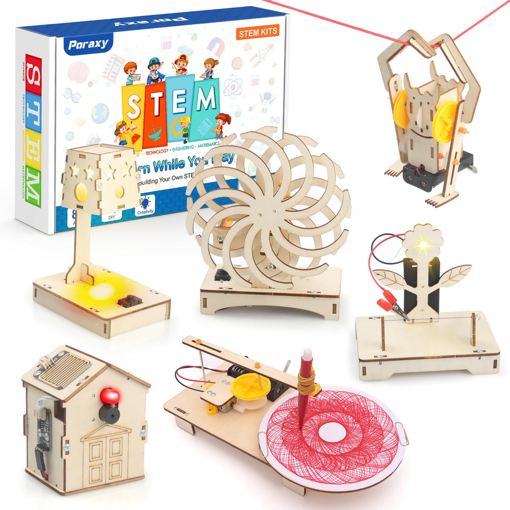 Poraxy 6-in-1 STEM toys pack open showing hands-on learning opportunity