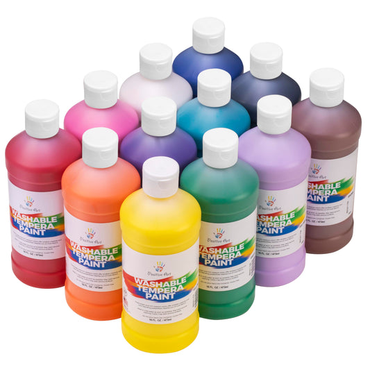 Positive Art washable paint bottles in 12 colors for classroom creativity.