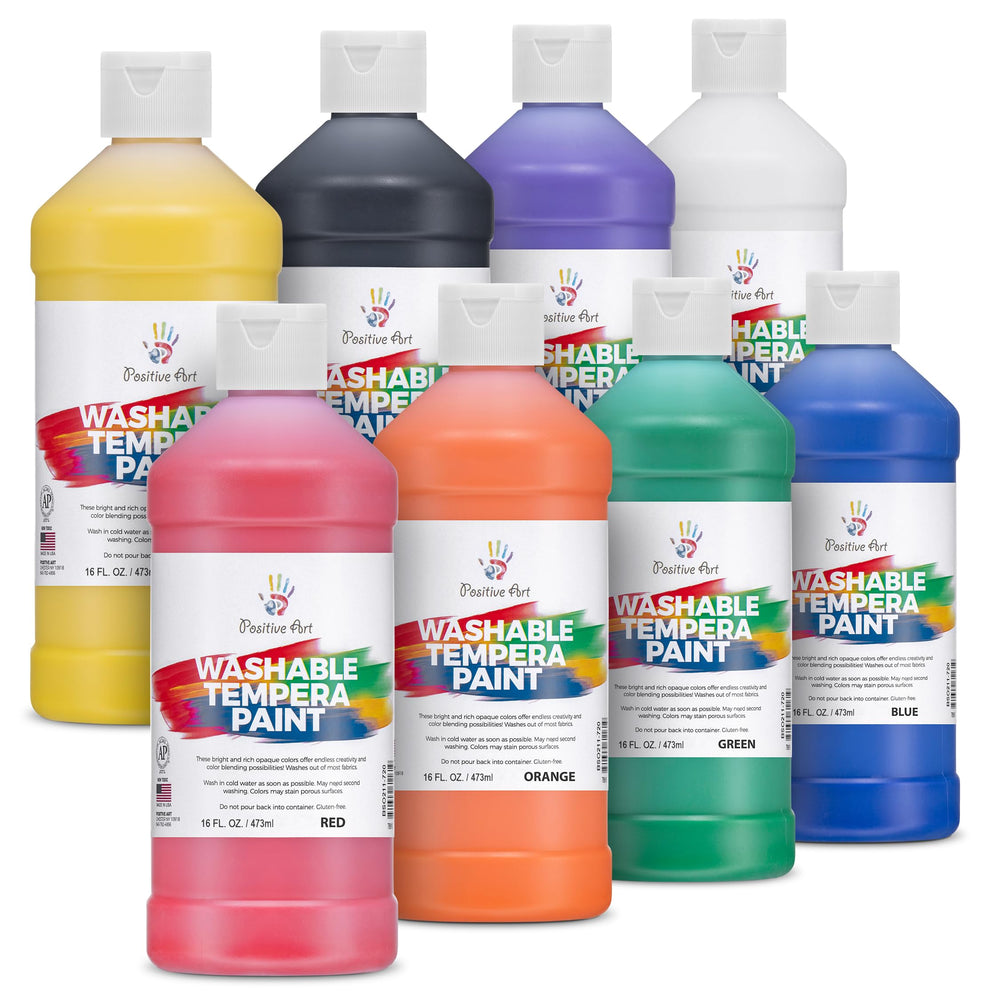 Positive Art washable tempera paints—eight colors, 16 oz bottles, easy classroom projects.