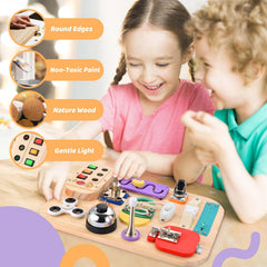 Potatomato Busy Board bright colors close-up highlighting Montessori design