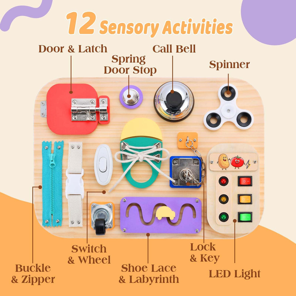 Potatomato Busy Board with latches to boost hand-eye coordination during play