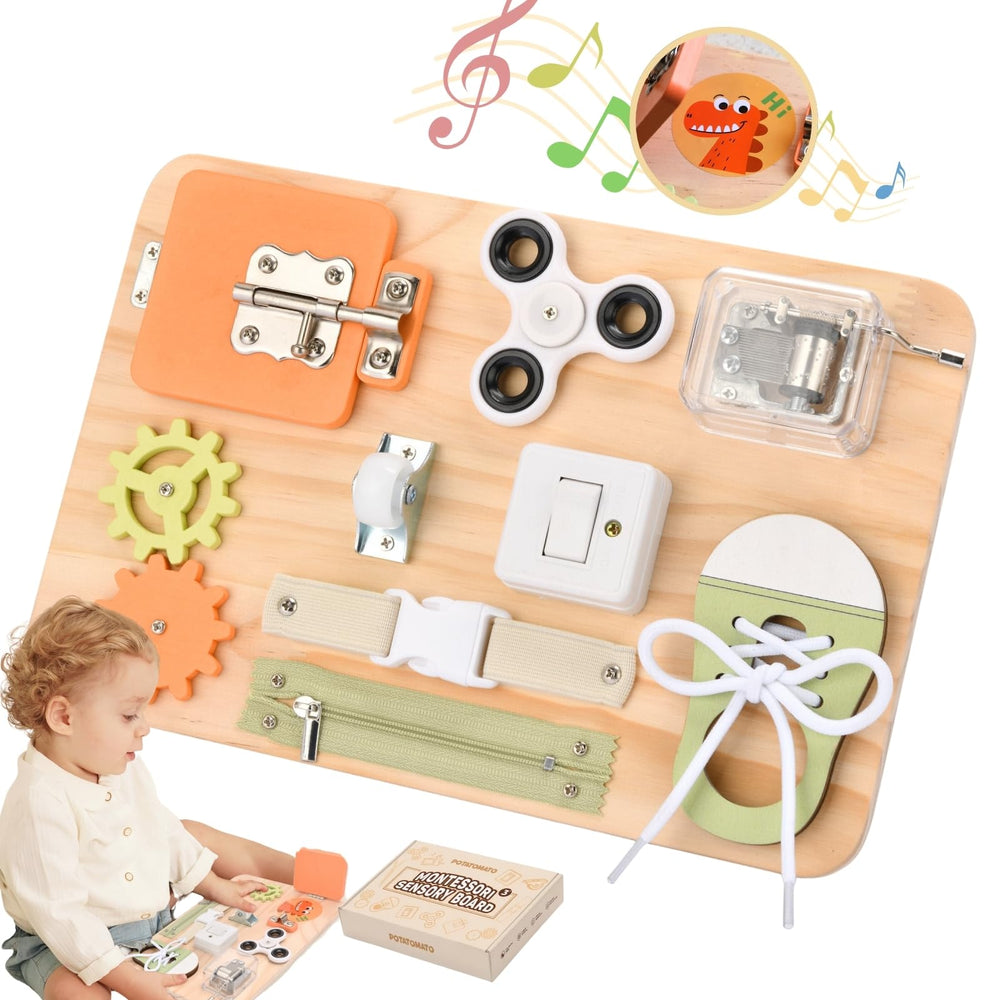Potatomato Busy Board zippers for tactile play and fine motor skills.