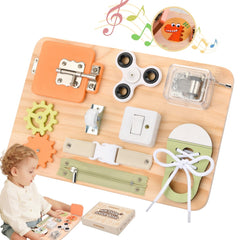 Potatomato Busy Board zippers for tactile play and fine motor skills.