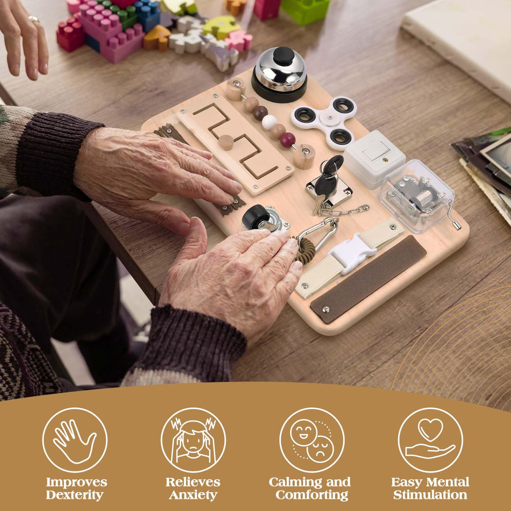 Potatomato dementia fidget board materials image shows natural wood components and durable build.