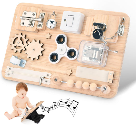 Potatomato Montessori Busy Board with latches enhances fine motor skills during play.