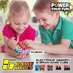 Power Your Fun Cubik showing five memory games for quick brain challenges.