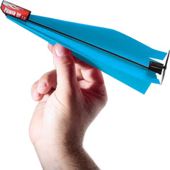 POWERUP 2.0 paper airplane engine in flight, extending time and distance for kids' projects.