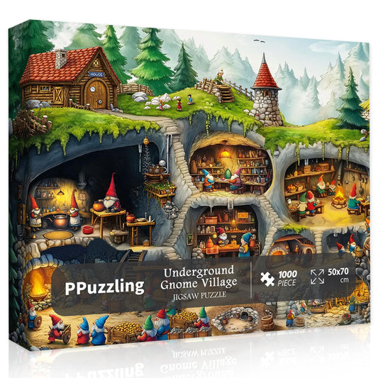 PPuzzling Fantasy Gnome Village box cover highlights intricate design for immersive puzzling.