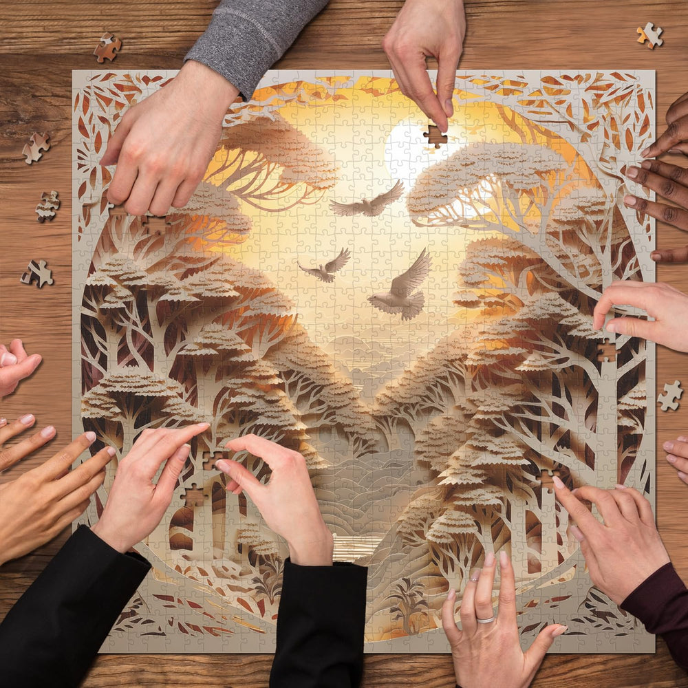 PPuzzling forest sunset 1000-piece puzzle delivers a challenging yet rewarding activity.