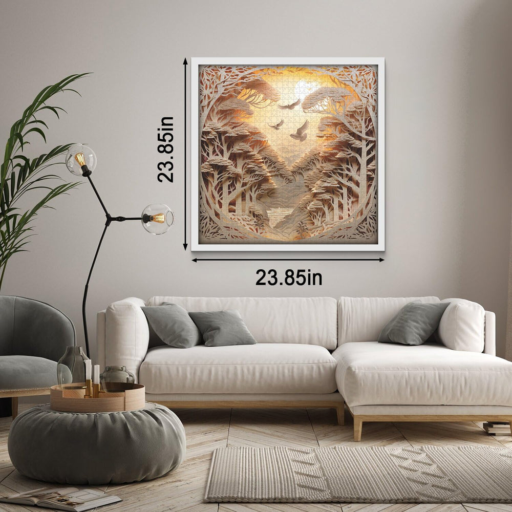 PPuzzling forest sunset wall decor presents a layered paper-cut artwork after completion.