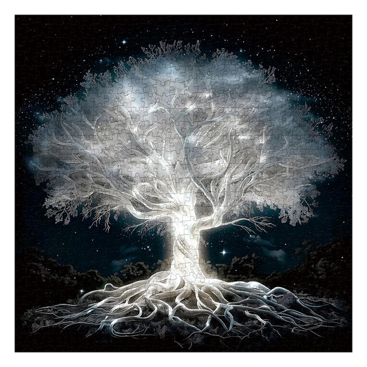 PPuzzling Glowing Tree of Life puzzle box with poster reference aids solving.