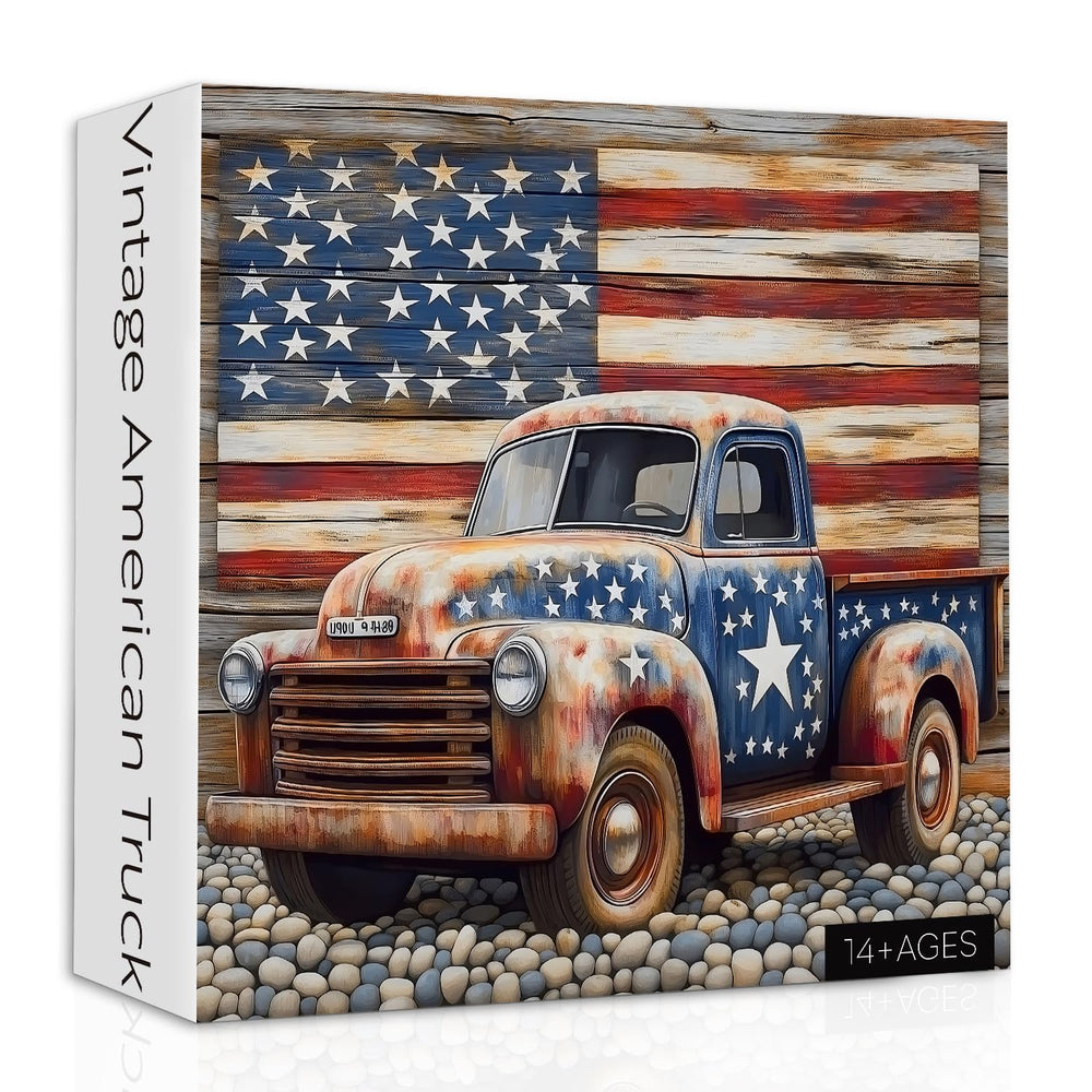 PPuzzling Vintage USA Flag Puzzle highlights a distressed flag on a classic truck.
