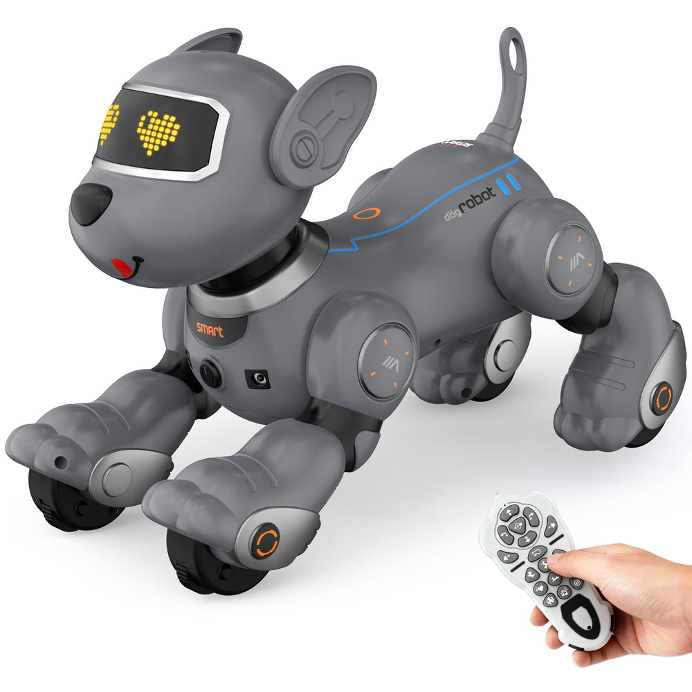 PRANITE Robot Dog face close-up showing friendly expression and kid-friendly interaction.