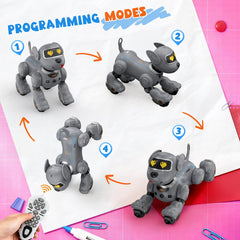 PRANITE Robot Dog performing tricks like sit, handstand, and dance in various settings.