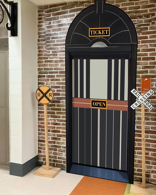 Preboun train-ticket-hall-curtain backdrop for express-themed parties.