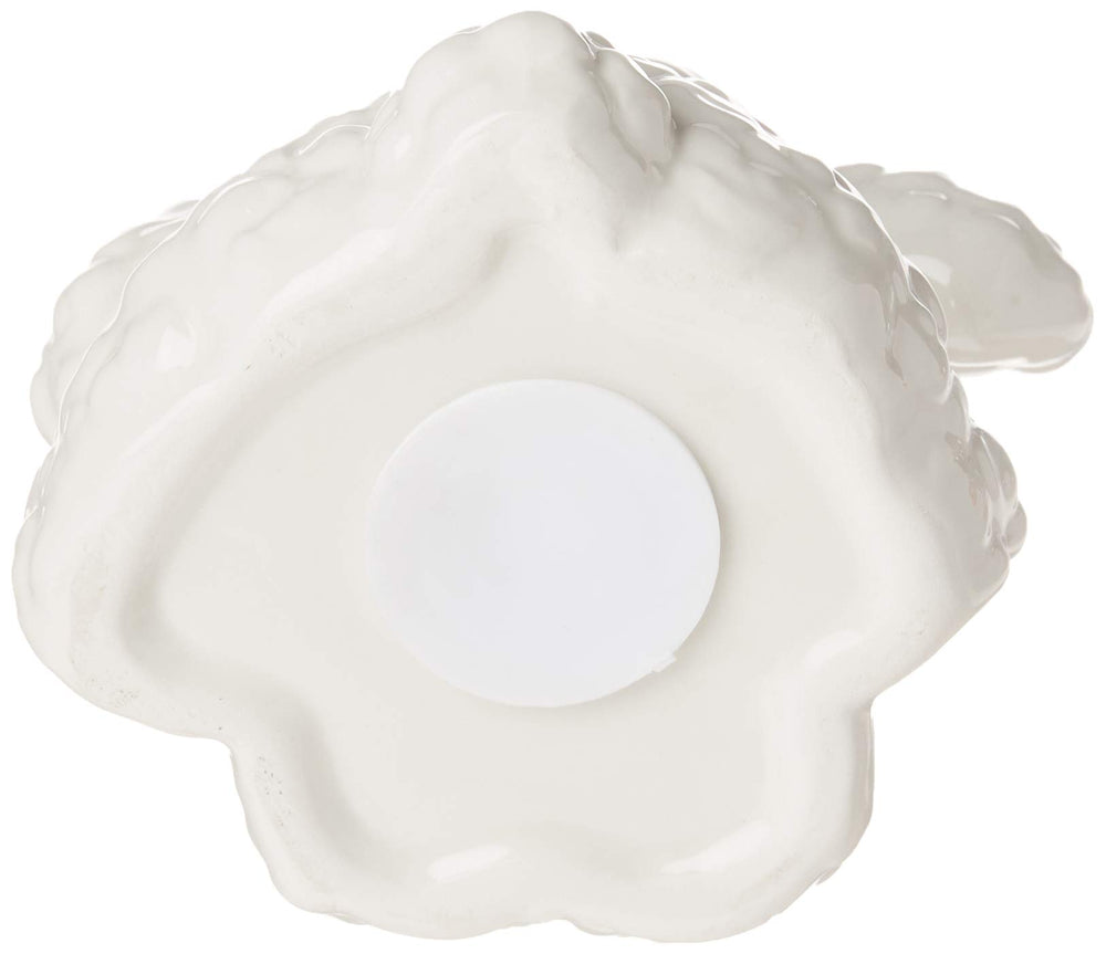 Precious Moments Heaven’s Blessing Lamb Piggy Bank back view shows the bottom stopper for easy emptying.