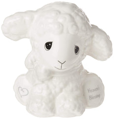 Precious Moments Heaven’s Blessing Lamb Piggy Bank front view in white ceramic for nurseries and savings.