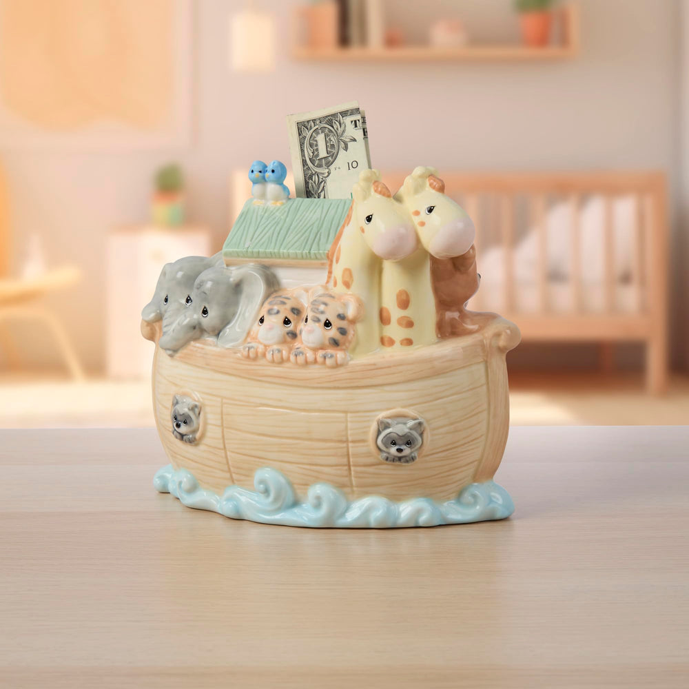 Compact-size Noah's Ark bank fits small nursery spaces and shelves.