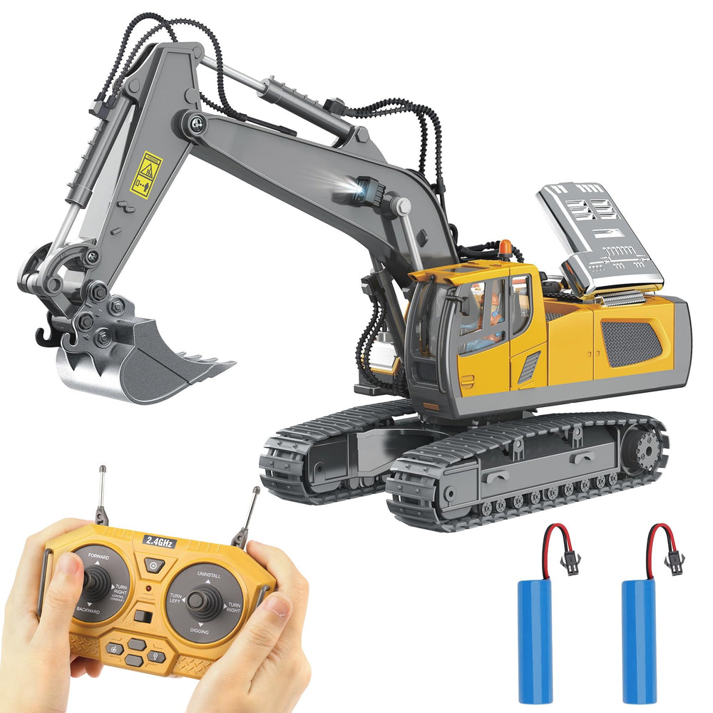 PREPOP remote control excavator toy front view with lights for outdoor play