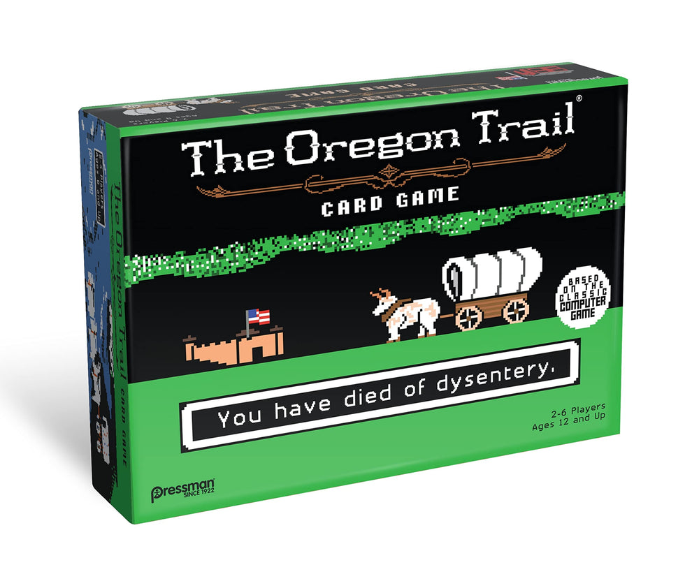 Pressman Oregon Trail Card Game artwork showcases retro 8-bit style for fans.