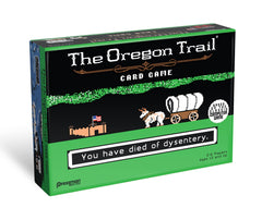 Pressman Oregon Trail Card Game artwork showcases retro 8-bit style for fans.