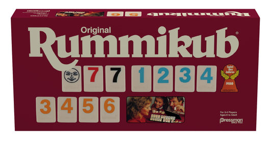 Pressman Rummikub tiles with bright inset numbers for easy viewing during family play.
