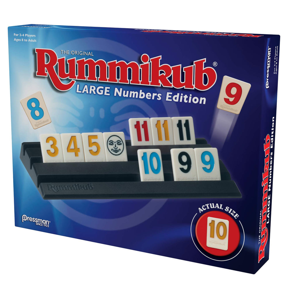 Pressman Rummikub Large Numbers Edition suited for ages 8 and up and 2-4 players.