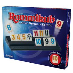 Pressman Rummikub Large Numbers Edition suited for ages 8 and up and 2-4 players.