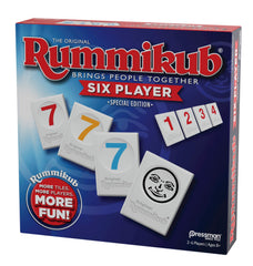 Pressman Rummikub Six-Player Edition blue-box storage keeps tiles organized after play.