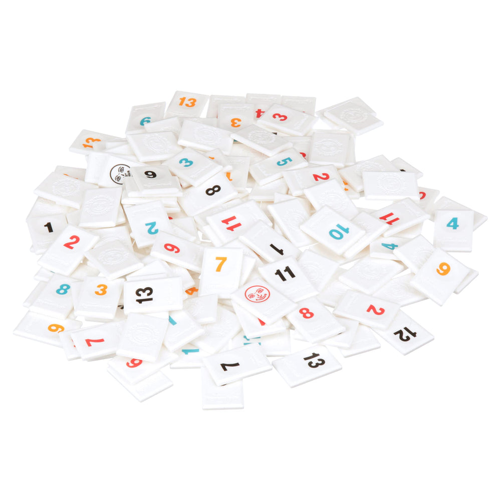 Pressman Rummikub Six-Player Edition racks-and-tiles help organize turns smoothly.
