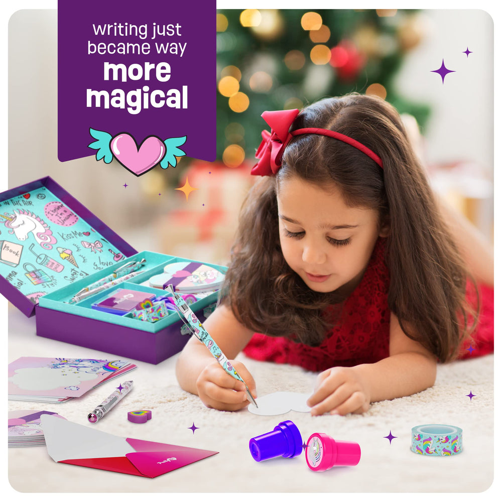 Pretty Me unicorn stationery stamps and inkpad let kids decorate with color.