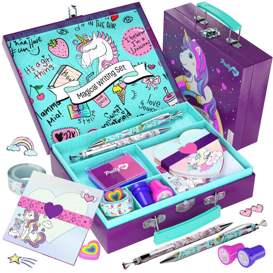 Pretty Me unicorn stationery storage case keeps supplies neat and portable.