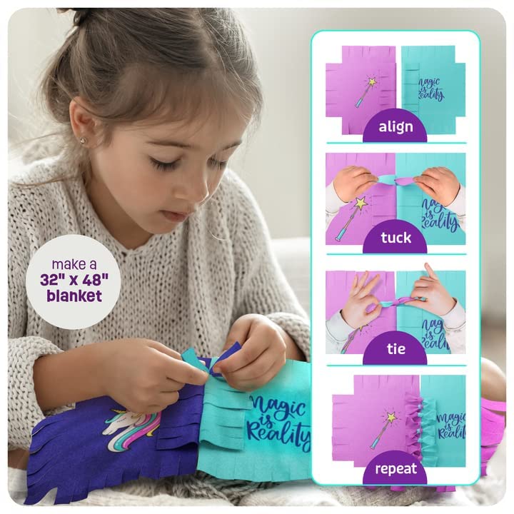 Pretty Me Unicorn Tuck N' Tie blanket flatlay shows 32x48 inch design.