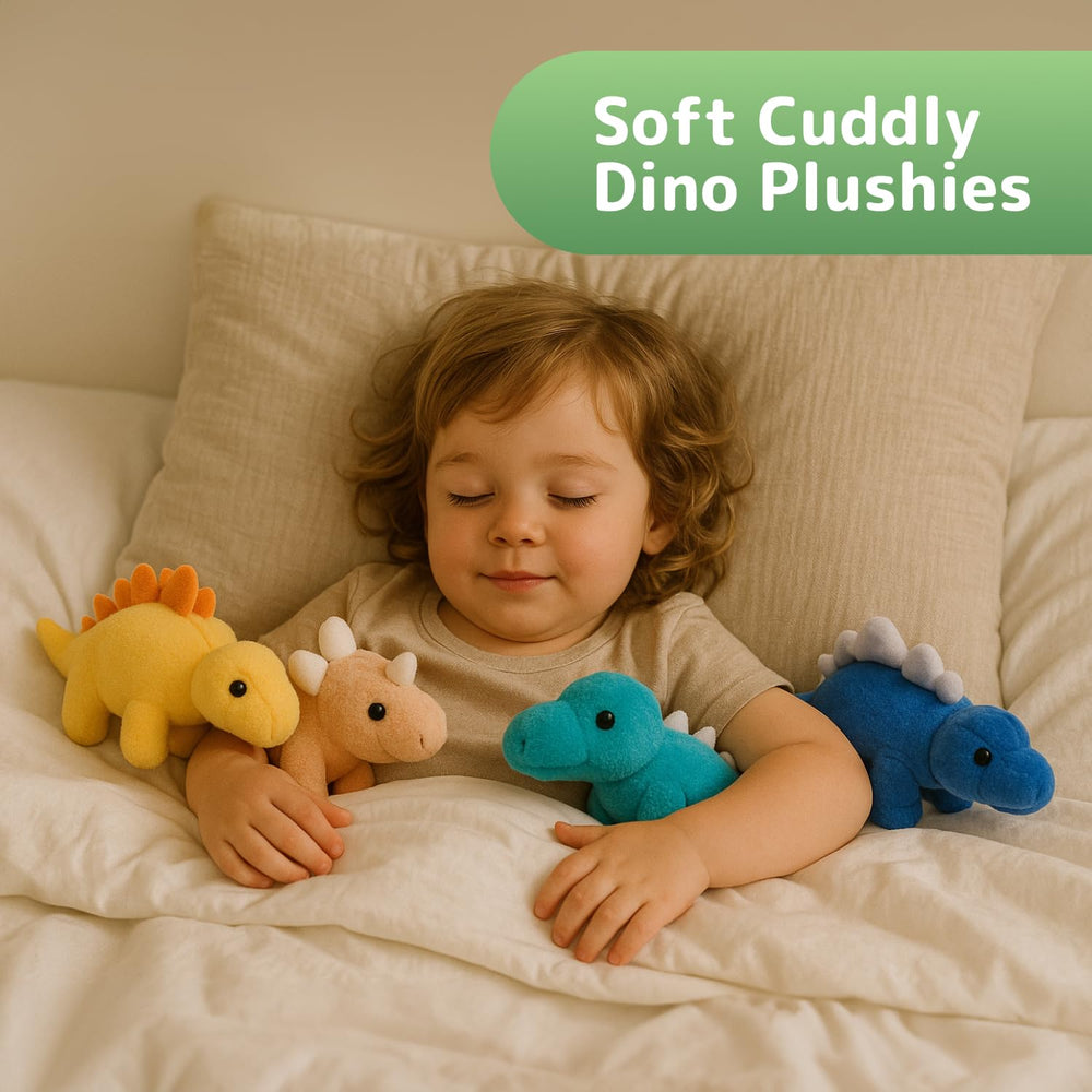 PREXTEX Plush Dinosaurs 8-pack side display highlights colorful dinos for creative adventures.