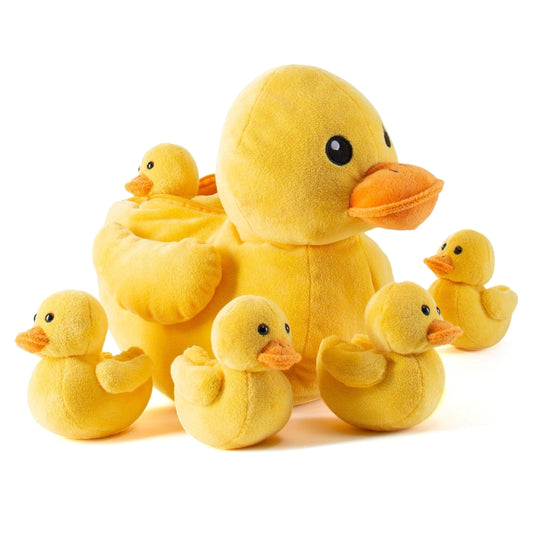 PREXTEX Mama Duck plush with five baby ducks for imaginative play.