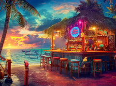 Prime Time Puzzles Beach Bar at Sunset image shows warm hues for a calming evening mood.